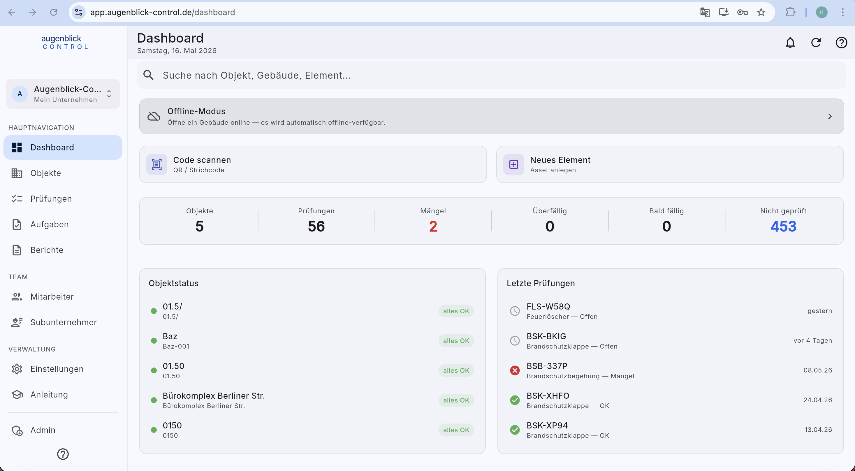 Dashboard nach dem Login