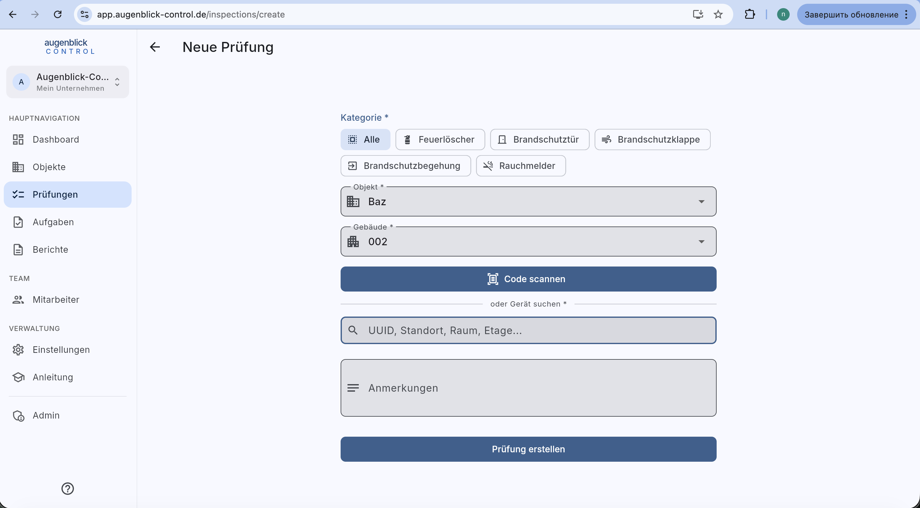 Neue Prüfung — Auswahl