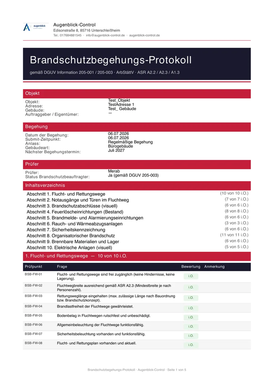 Muster-Prüfprotokoll Brandschutzbegehung nach DGUV 205